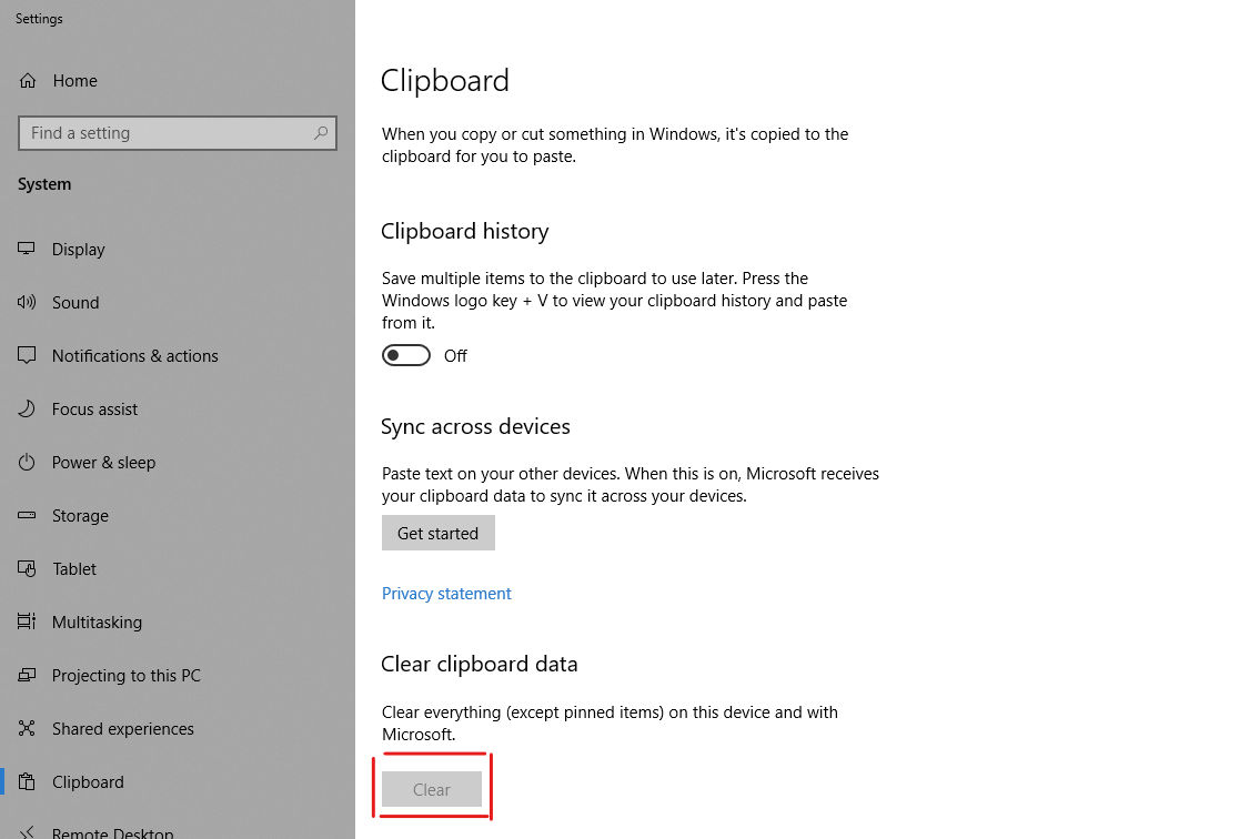 Windows 10 Clipboard Settings