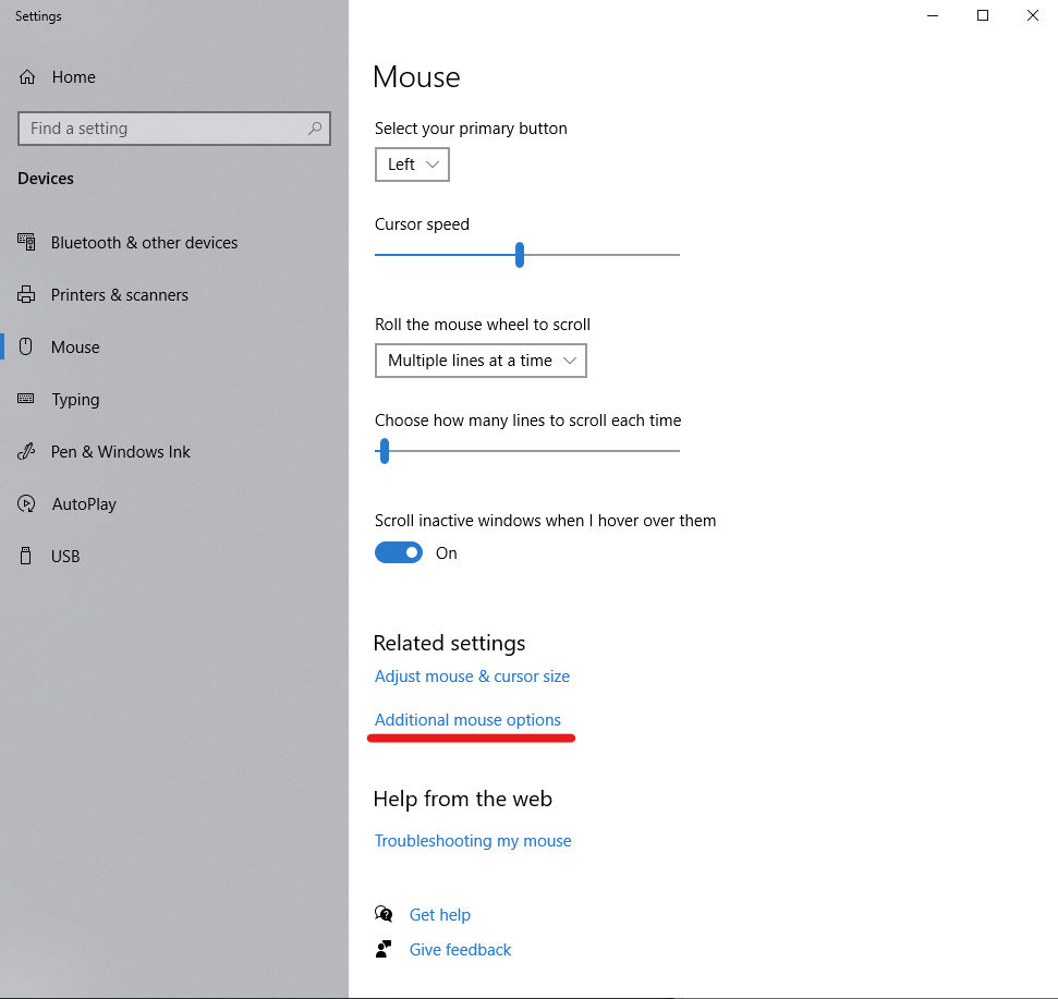 Windows 10 Additional Mouse Settings
