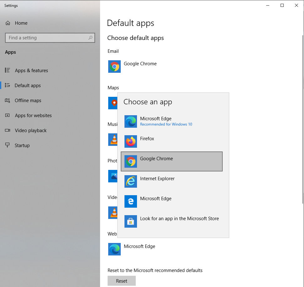 Default Browser Chrome Select Windows 10