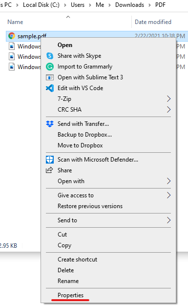 PDF Windows 10 File Properties