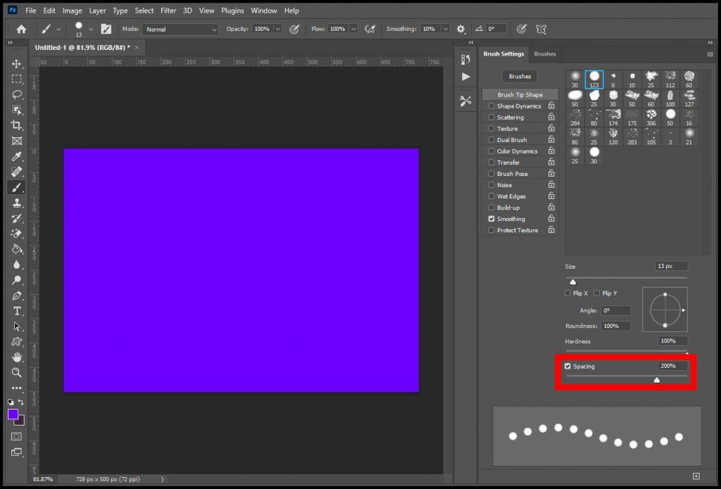 How to make dotted lines in Photoshop 2022 - Brush Settings