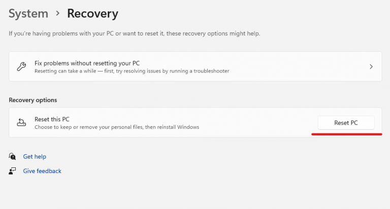 Windows Recovery Reset PC