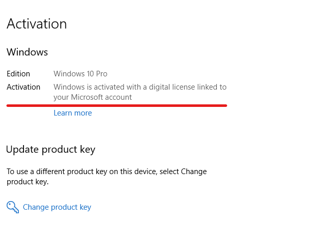 Windows 10 Activation Settings