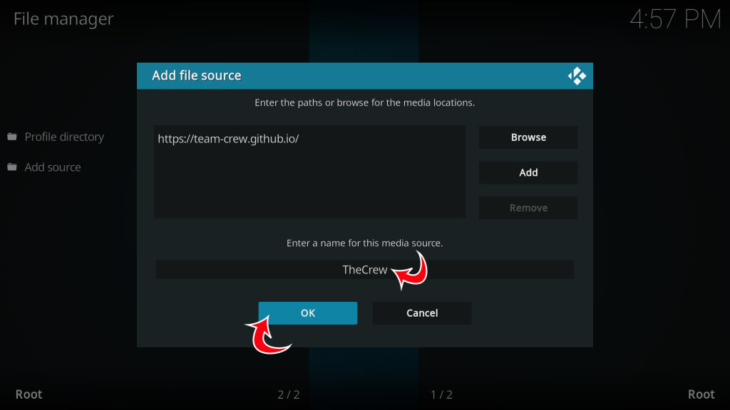 Kodi File Manager Add Source Name Confirm