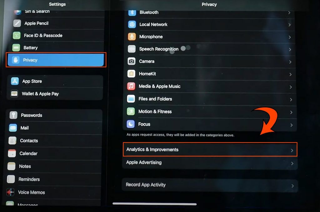 Settings Screen in iPad