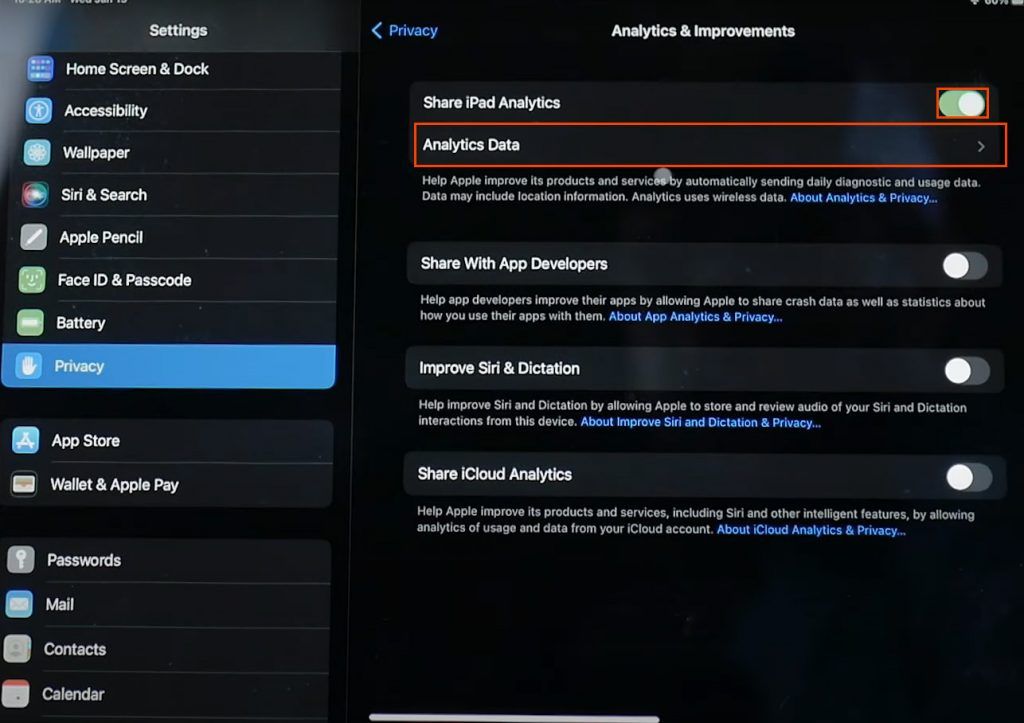 Analytics Data screen in iPad