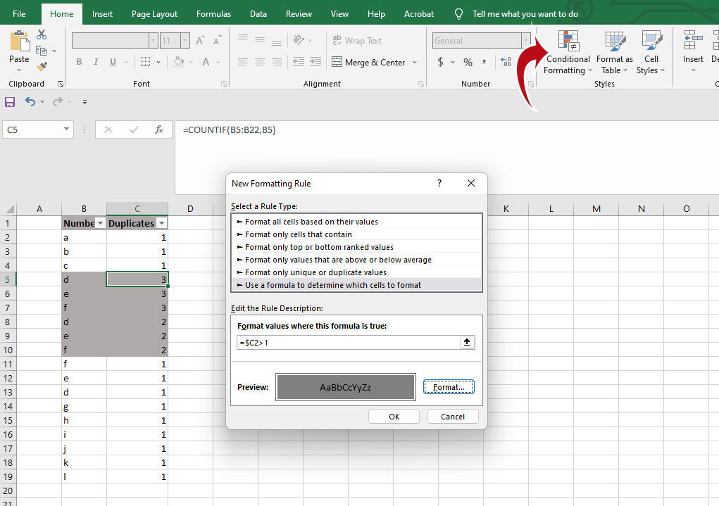 Adding conditional formatting for duplicate data