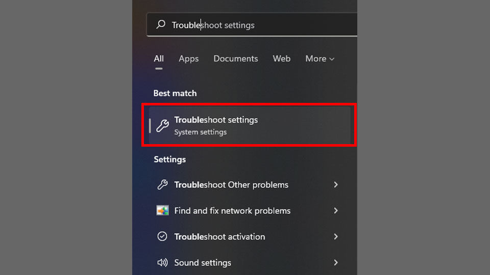 Click on Troubleshoot settings under Best match.