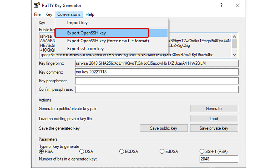 PuTTyGen Export Private