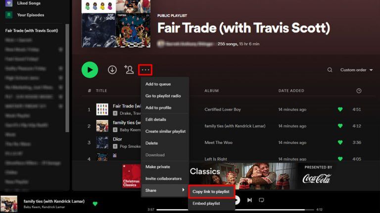 how to send a liked playlist on spotify